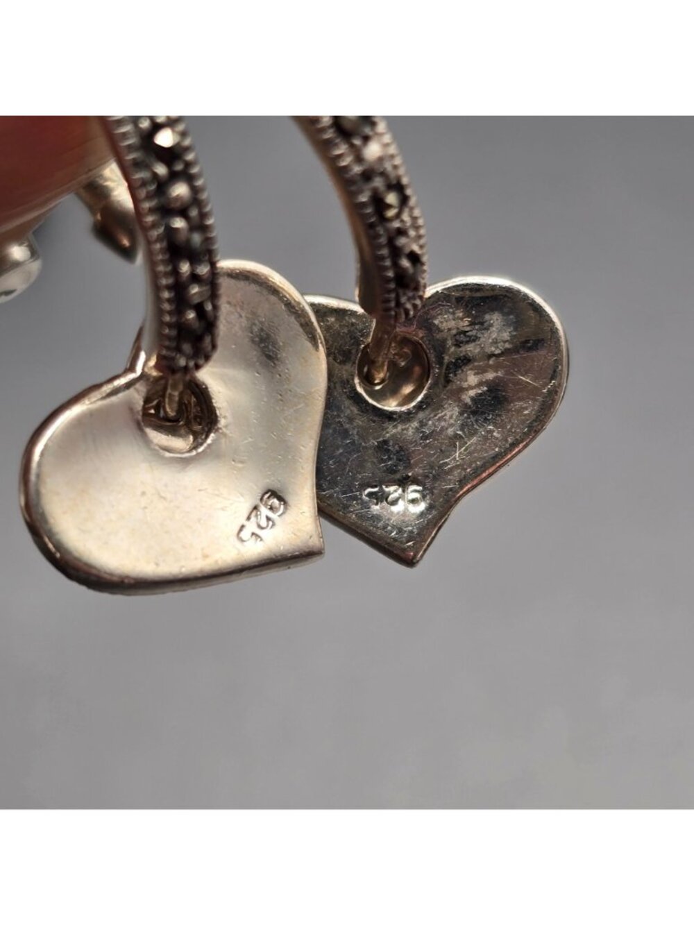 Sterling Silver Marcasite Heart Hoop Earrings Removable Charms 2 In 1 Style - Picture 5 of 13